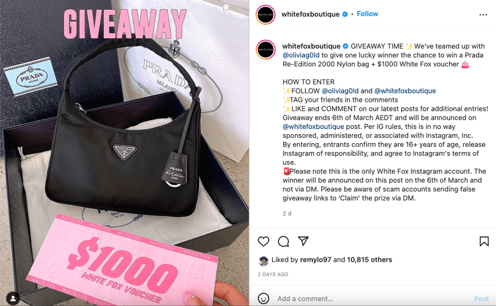 @ White Fox Boutique post de sorteo en Instagram