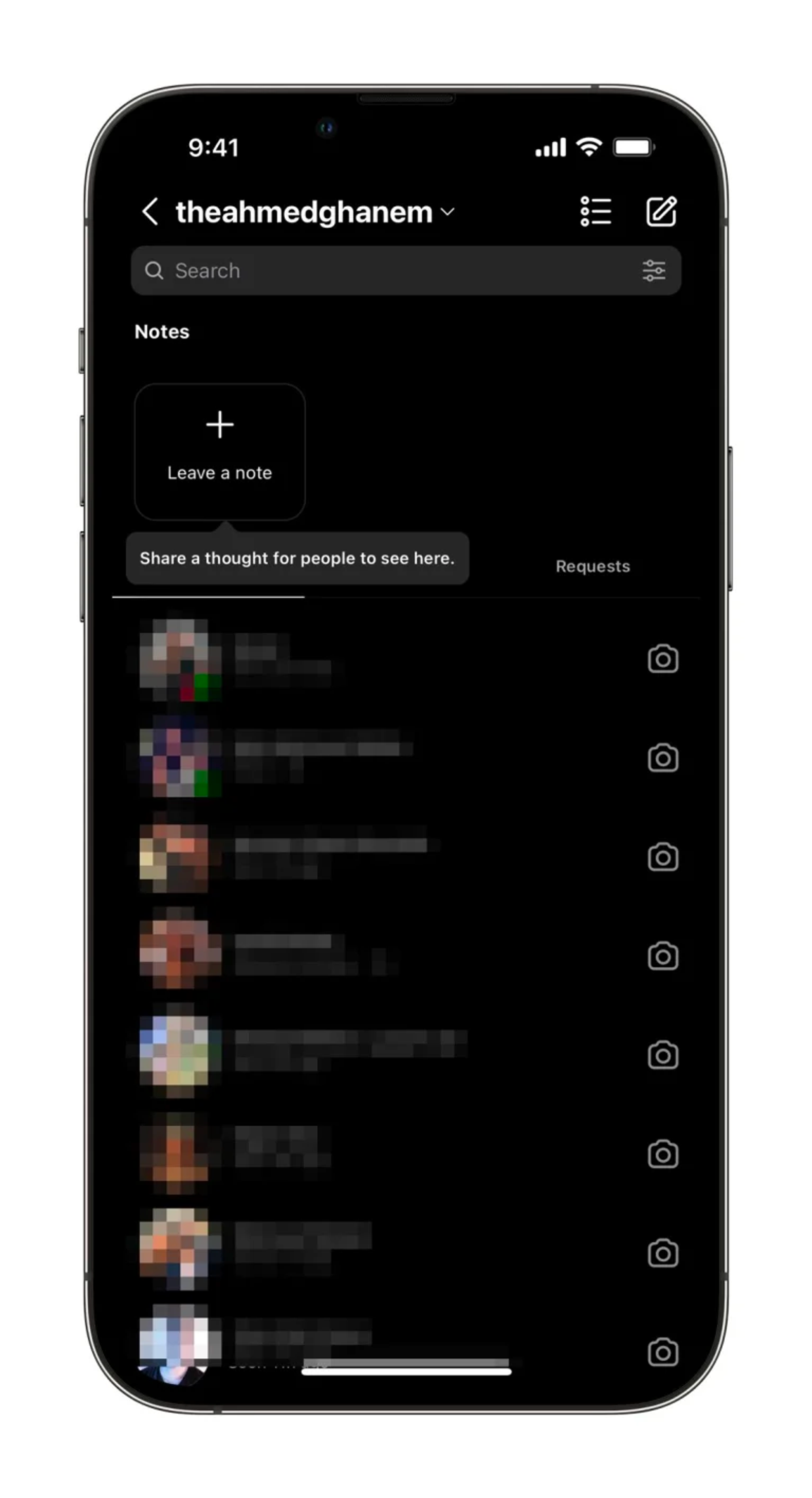 Instagram inbox on a phone screen, showing a notes bar and a list of direct message conversations.