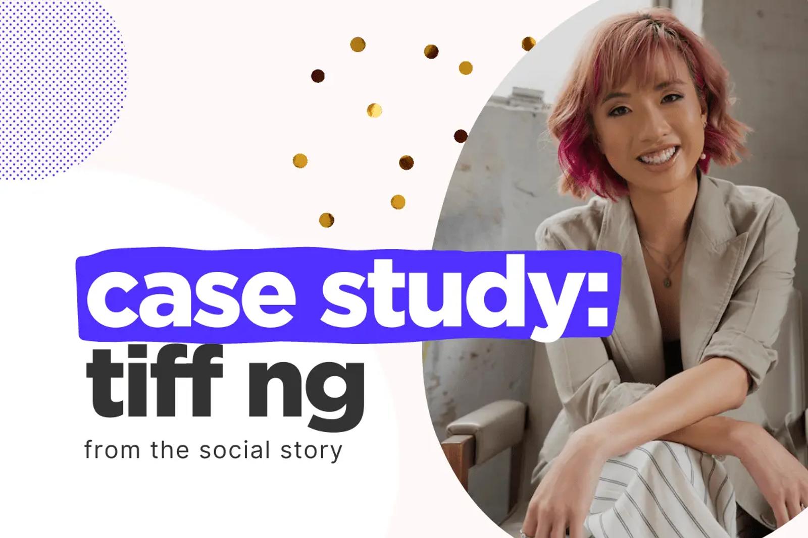 Mujer sonriente de cabello rosado y blazer beige, junto al texto case study: tiff ng
