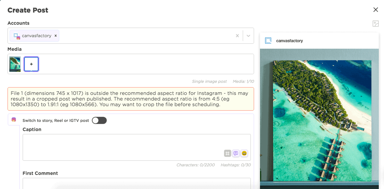 Sked Social create post screen with a warning about an image's aspect ratio for Instagram