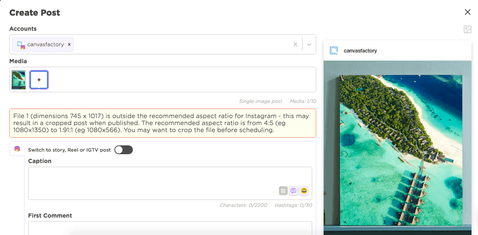 Sked Social create post screen with a warning about an image's aspect ratio for Instagram