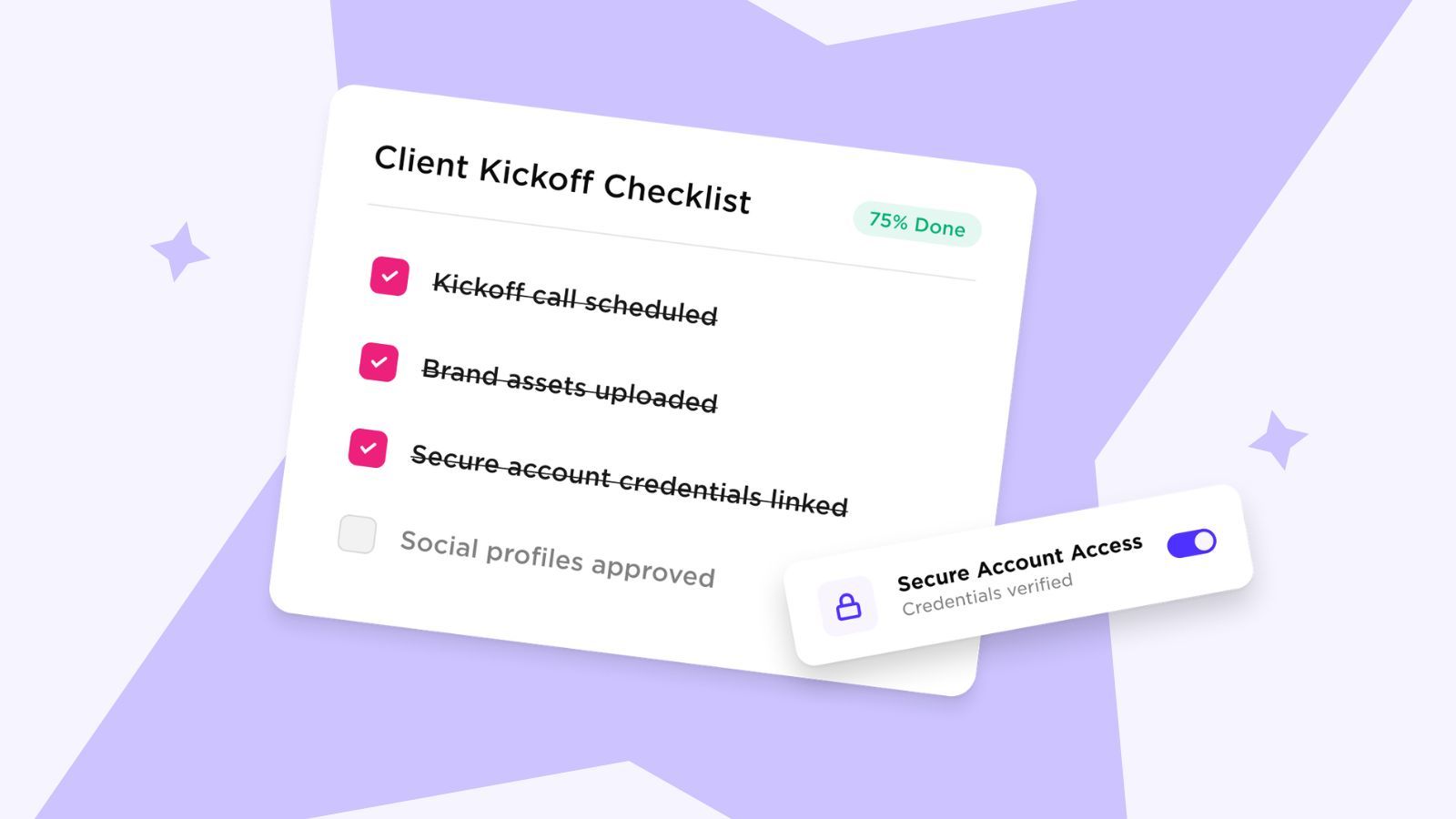 Client onboarding kickoff checklist at 75% done, with kickoff call, brand assets and secure account credentials checked off.