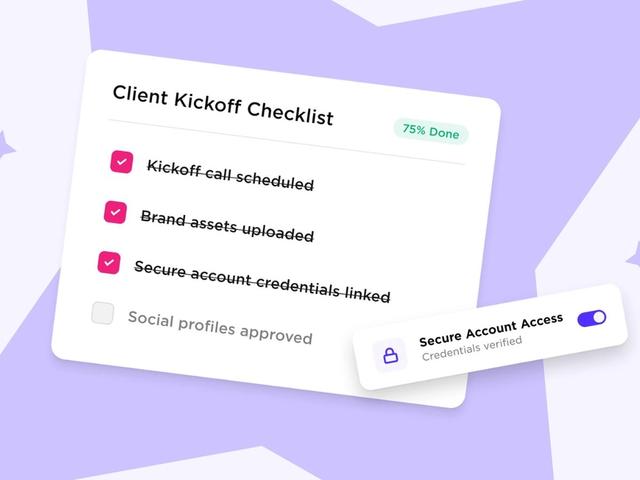 Client onboarding kickoff checklist at 75% done, with kickoff call, brand assets and secure account credentials checked off.
