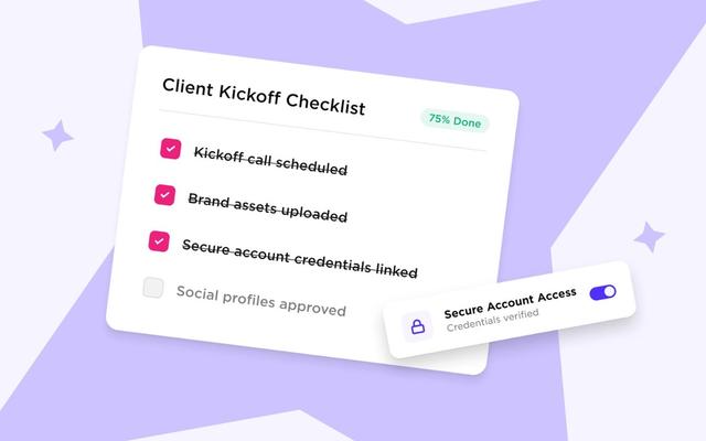 Client onboarding kickoff checklist at 75% done, with kickoff call, brand assets and secure account credentials checked off.