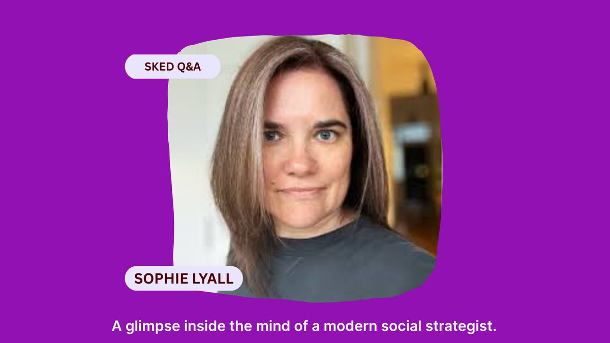 Woman with brown hair, blue eyes, and a gray shirt. Text: SKED Q&A, SOPHIE LYALL. Purple background.
