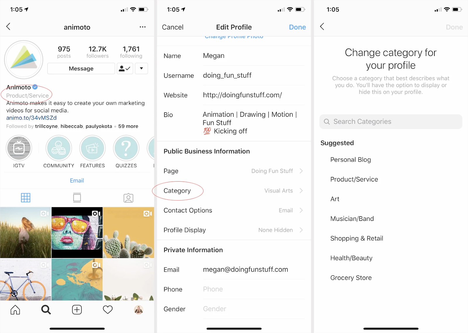 Pantallas de Instagram con un perfil con categoría de negocio, el menú de editar perfil y la lista de categorías.
