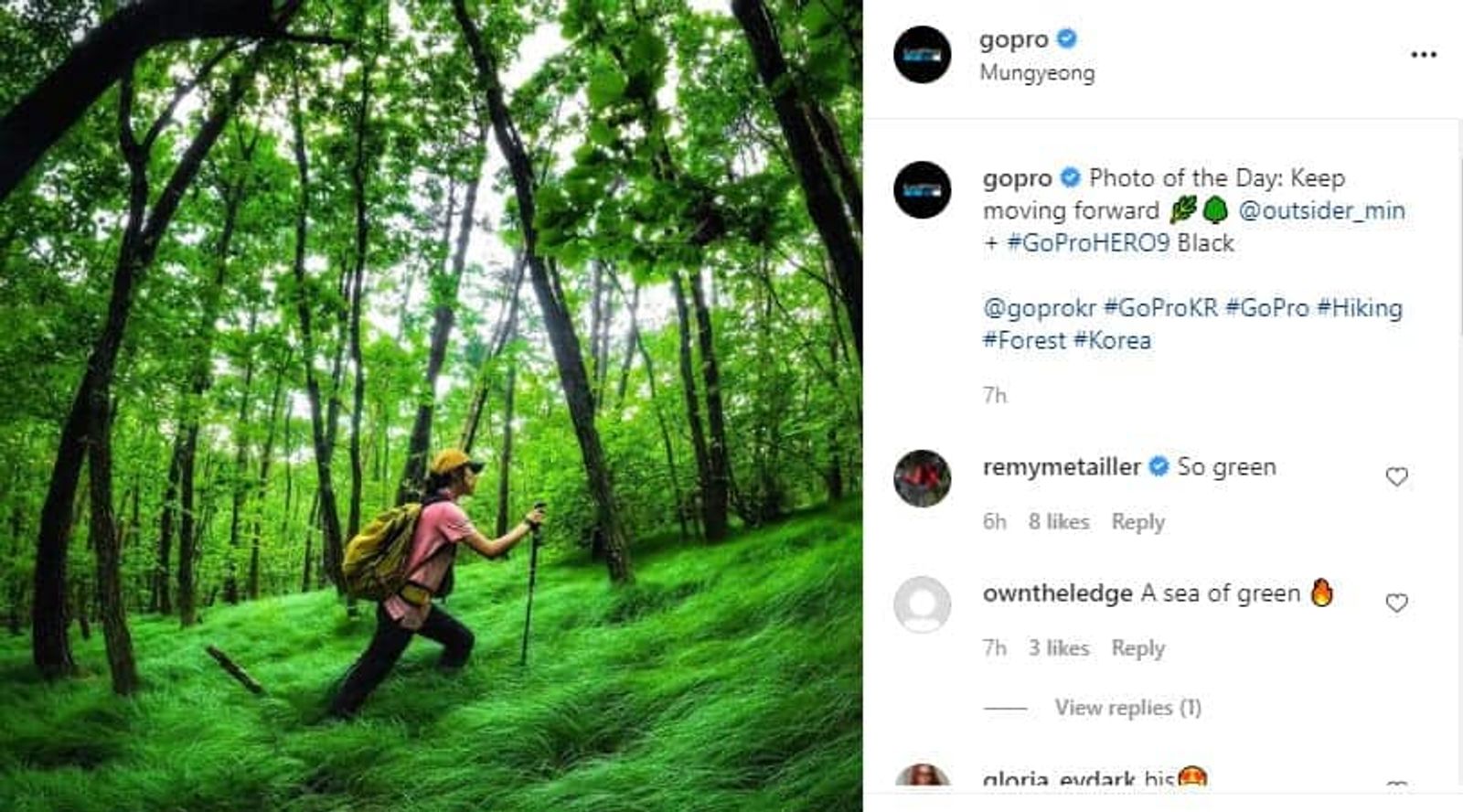 Publicación de Instagram de GoPro con una persona caminando en un bosque verde, y hashtags debajo.