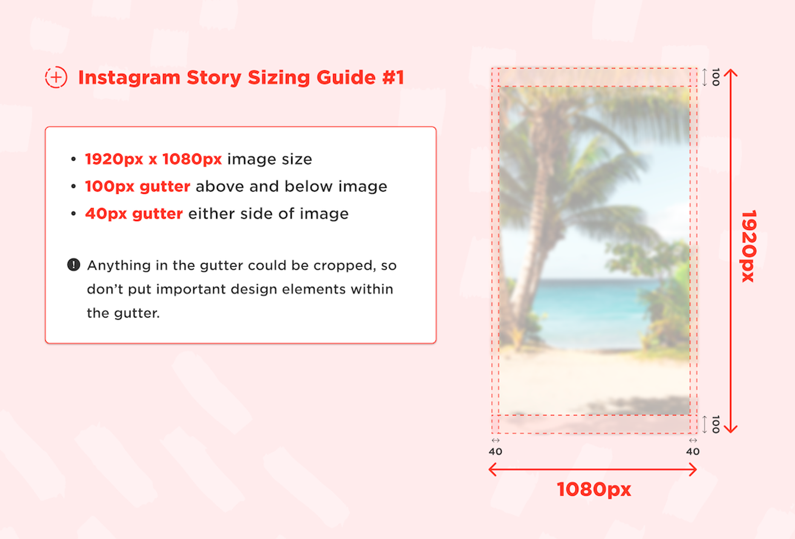 Diagrama de dimensiones para historias de Instagram con márgenes marcados sobre una foto de playa.