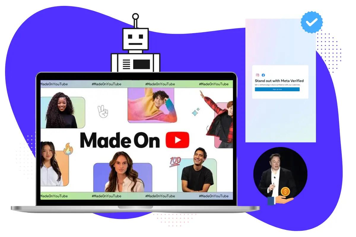 Laptop showing a YouTube 'Made On' campaign, a Meta Verified badge screen and a man holding a coin icon