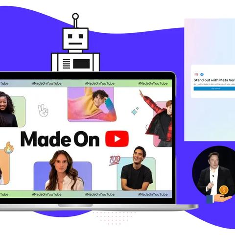 Laptop showing a YouTube 'Made On' campaign, a Meta Verified badge screen and a man holding a coin icon