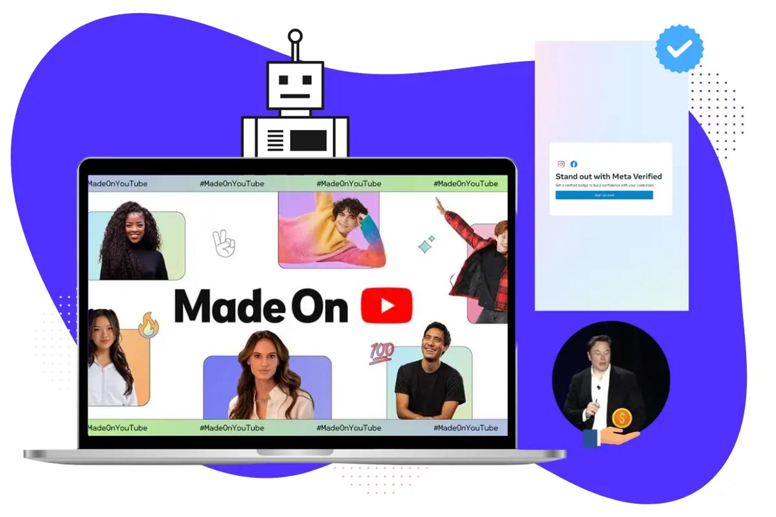 Portátil con una campaña 'Made On' de YouTube, una pantalla de Meta Verified y un hombre con un icono de moneda