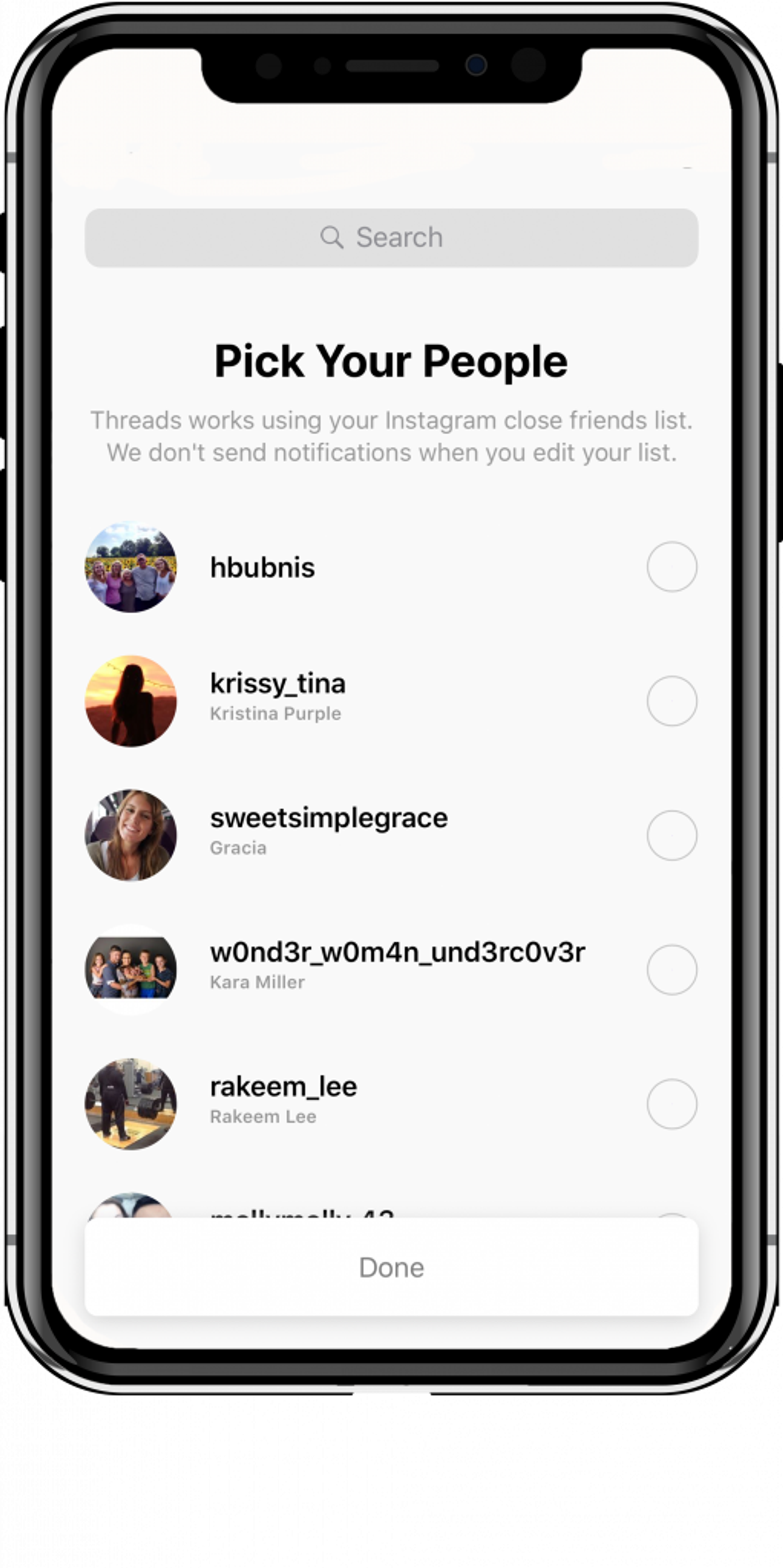 Página Elige tus personas en la app Threads