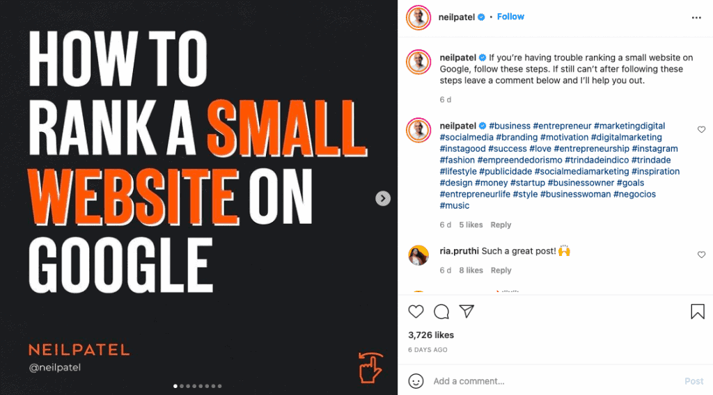 Publicación de Instagram de Neil Patel titulada «Cómo posicionar una página web pequeña en Google», con pie de foto y hashtags.