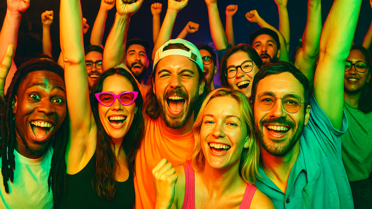 Diverse group of people cheering with raised fists, smiling, in a dark setting with colorful green and orange lighting