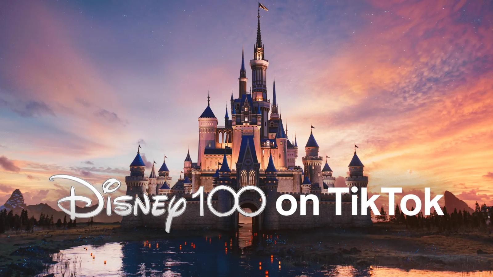 Castillo de Disney al atardecer con el logotipo superpuesto "Disney 100 on TikTok".