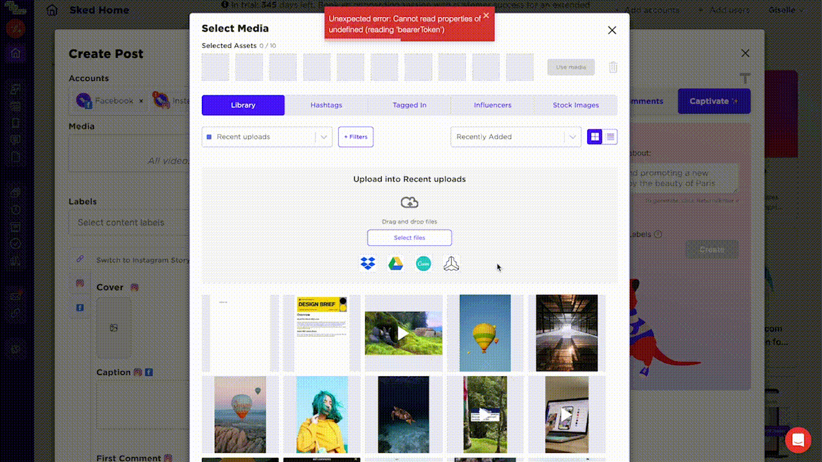 Sked Social media selection window showing library uploads and an error message banner at top