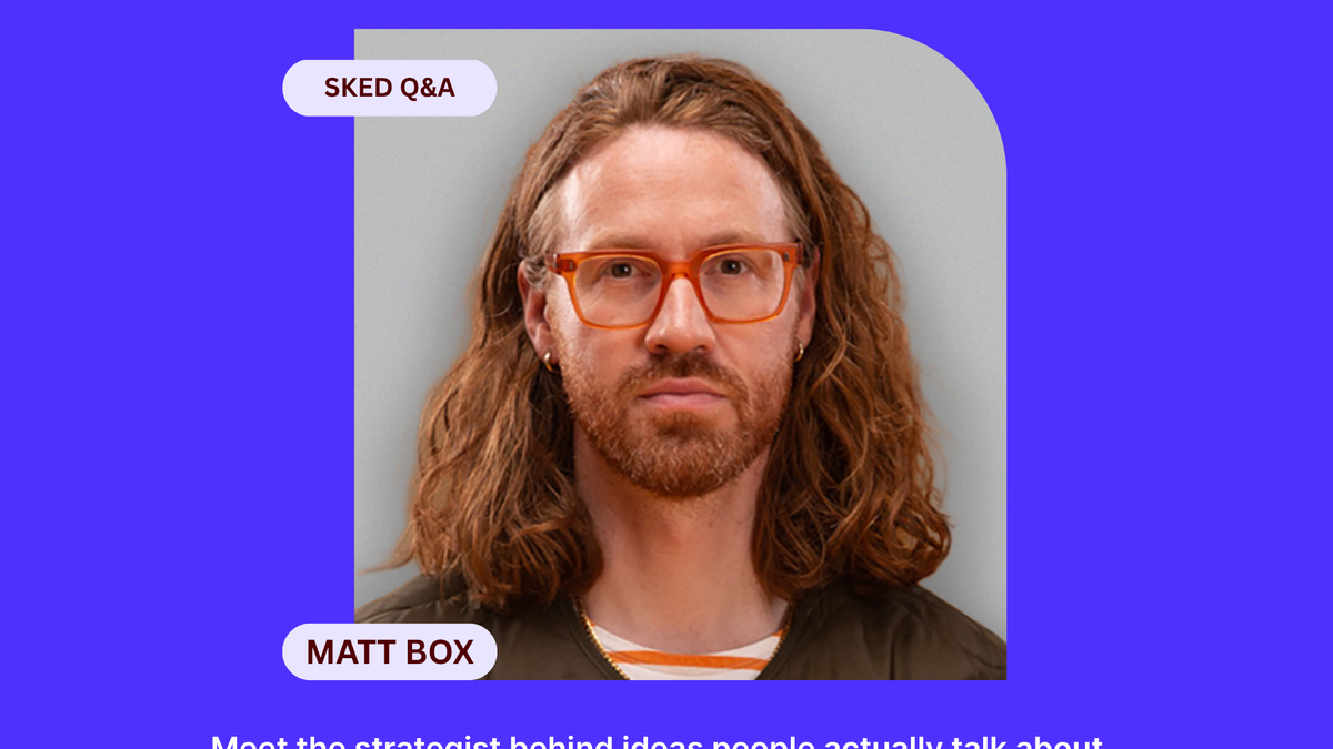 Man with long red hair, beard, and orange glasses. Text: SKED Q&A, MATT BOX. Blue background, light gray panel.