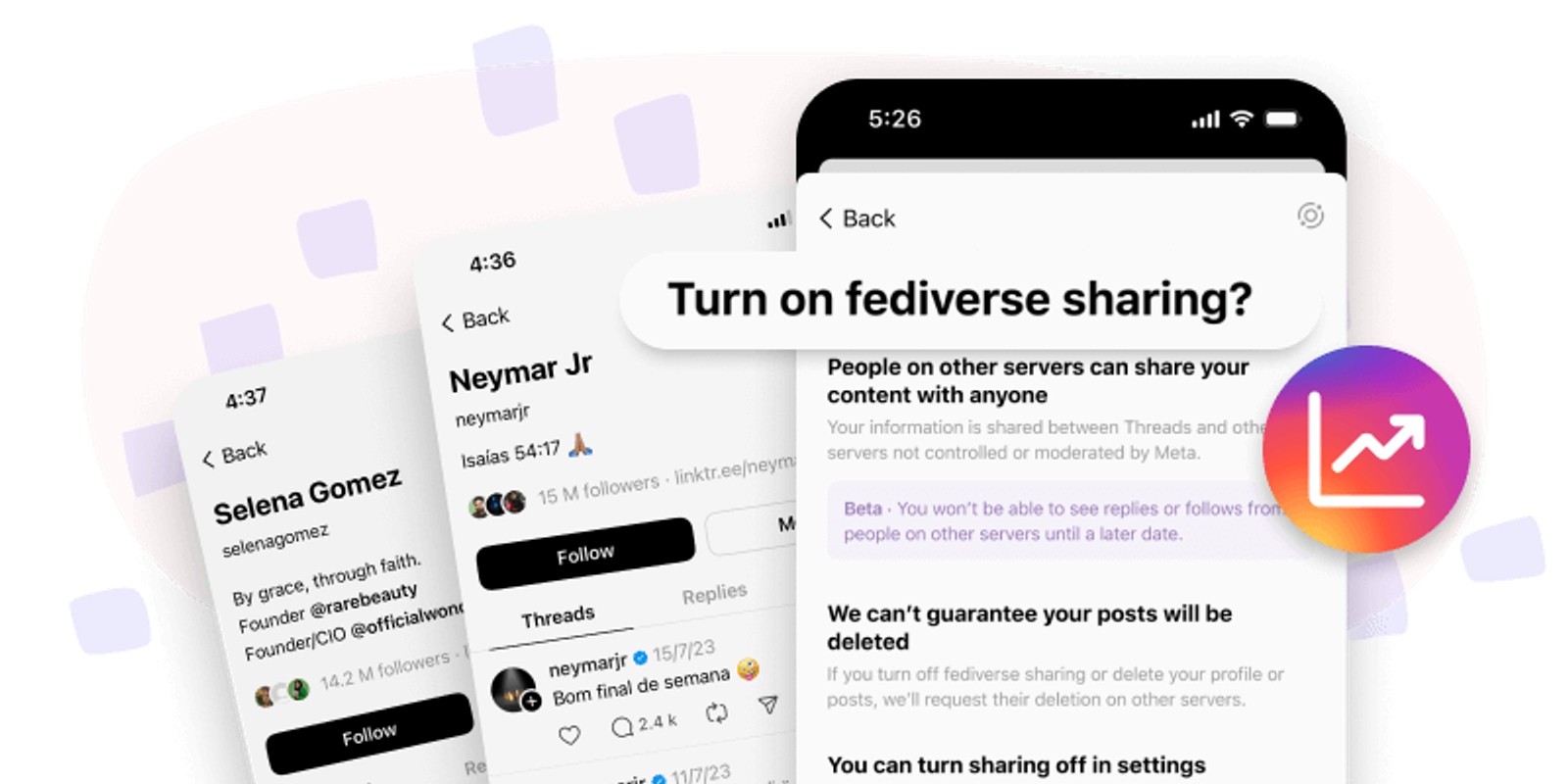 Pantallas de la app Threads con perfiles y un aviso de configuración de fediverse.