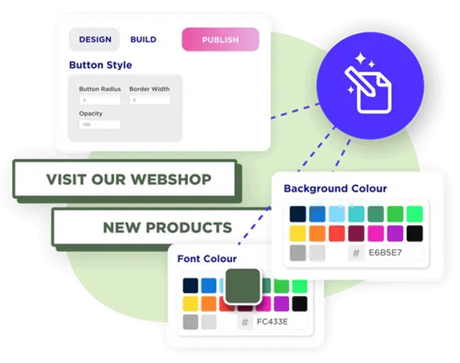 Sked Link editor showing button style, background colour, and font colour customisation panels.