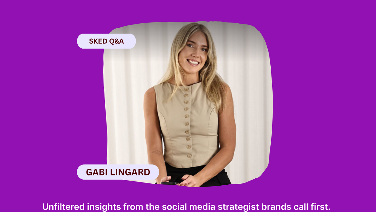 Blonde woman in a tan top smiling. Purple background with white text overlays: SKED Q&A, GABI LINGARD.