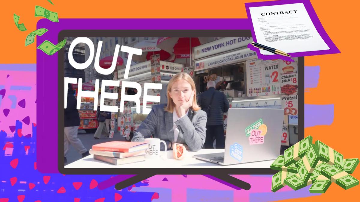 Woman in a blazer at a table with books, a laptop, and a mug. Text reads "OUT THERE". Money and a contract.