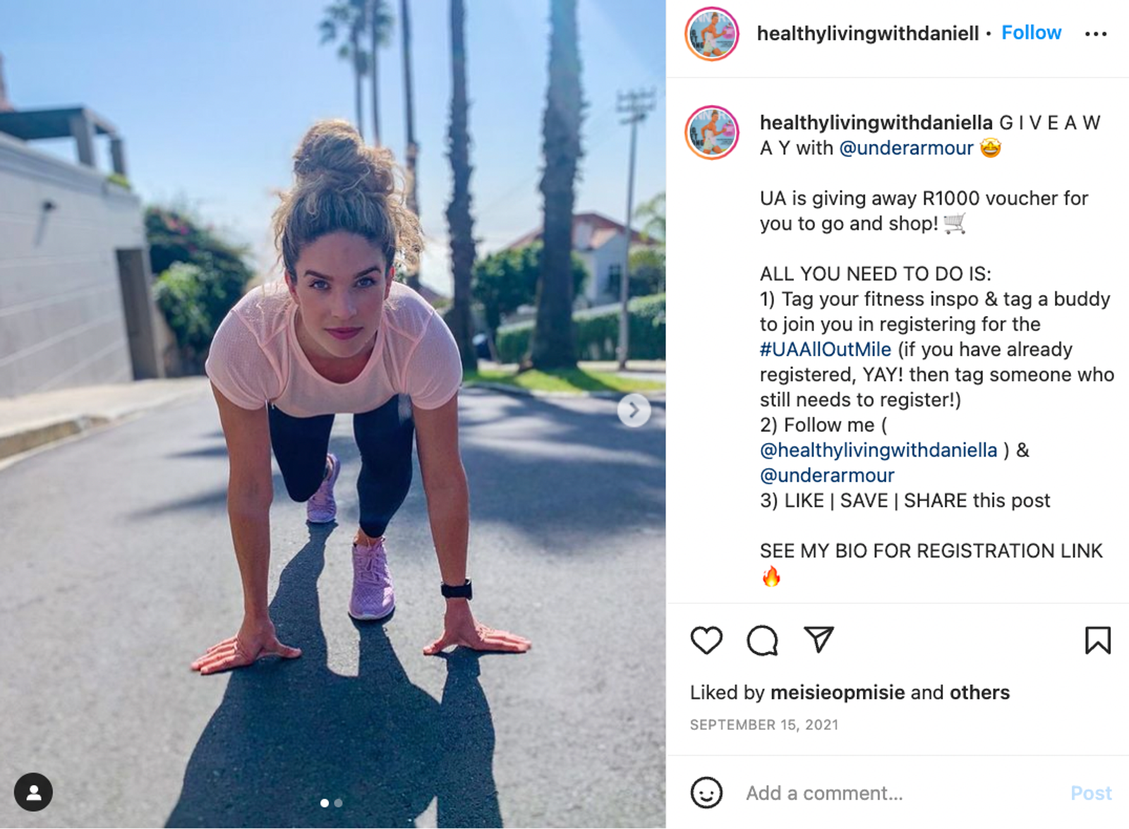 Publicación de sorteo en Instagram con reglas numeradas y una corredora en posición de salida en la calle.