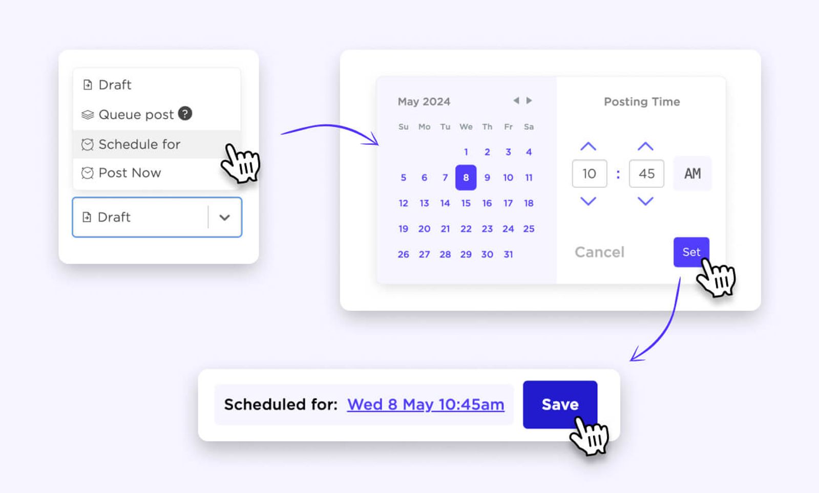 Interfaz de Sked Social con opciones de publicación, selector de fecha y hora, y botón de guardar.