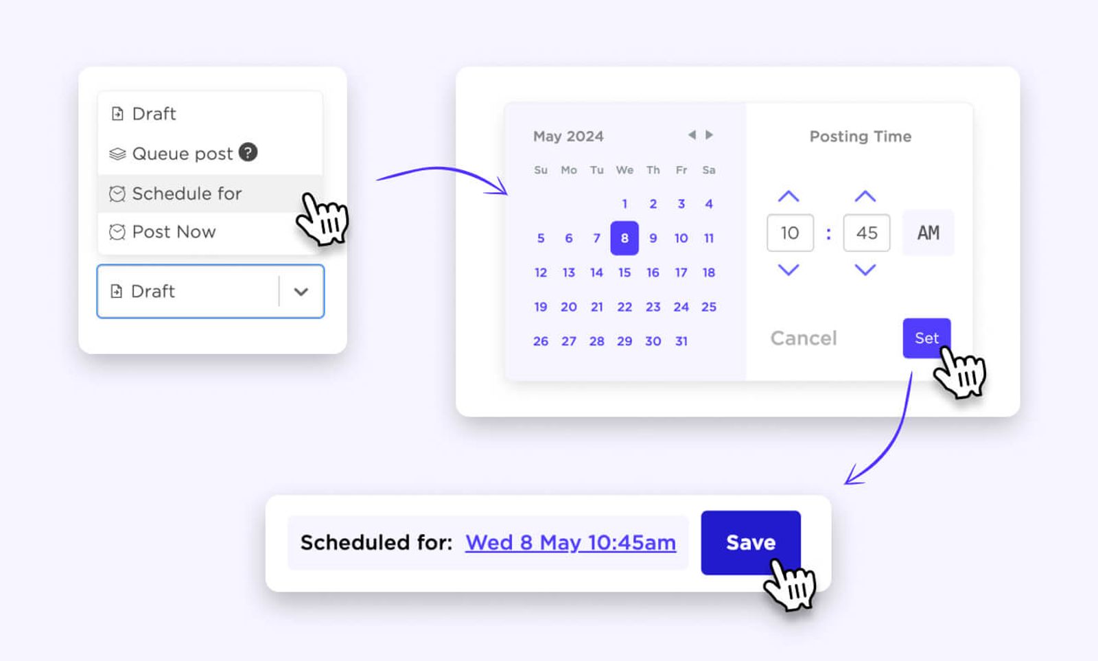 Interfaz de Sked Social con opciones de publicación, selector de fecha y hora, y botón de guardar.