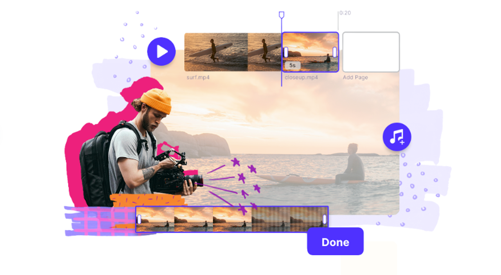 Sked Social video editor showing a surf clip timeline with trim controls and a Done button.
