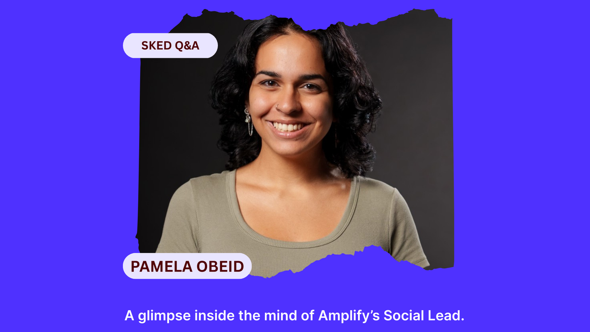 Woman with dark curly hair and nose ring smiling, wearing an olive shirt. Text: SKED Q&A, PAMELA OBEID. Blue background.
