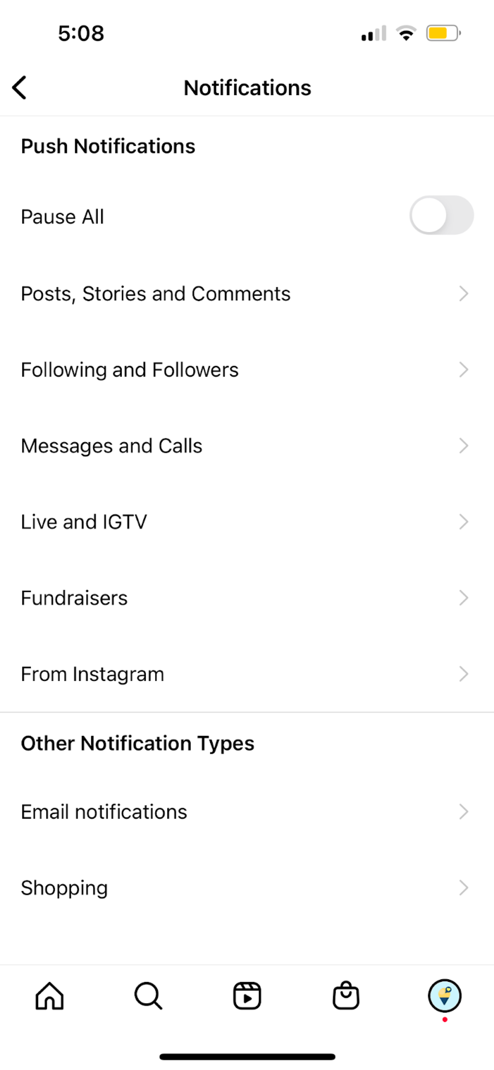 Instagram notifications settings screen, with a Messages and Calls option listed among notification categories.