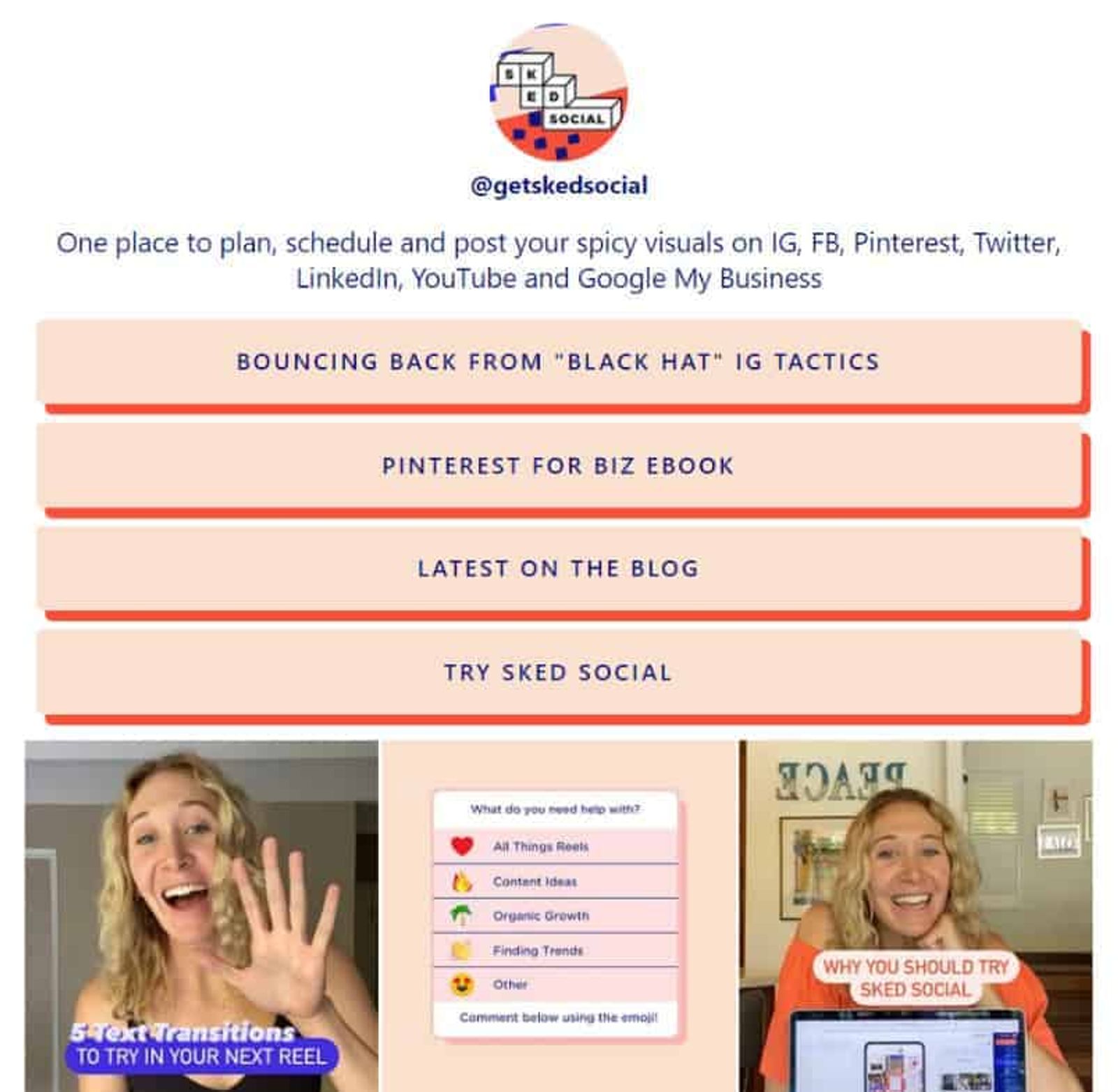 A Sked Link bio page with a profile, a bio description, stacked link buttons, and video thumbnails below.