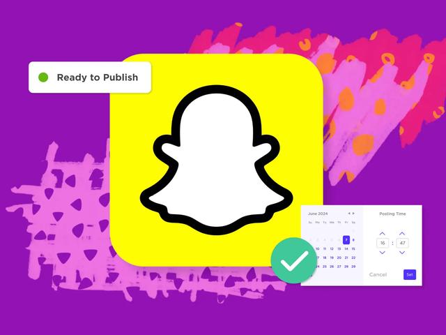 Snapchat logo with a green checkmark, a calendar showing June 2024, and a time picker set to 16:47. Purple background with pink and orange abstract shapes. A