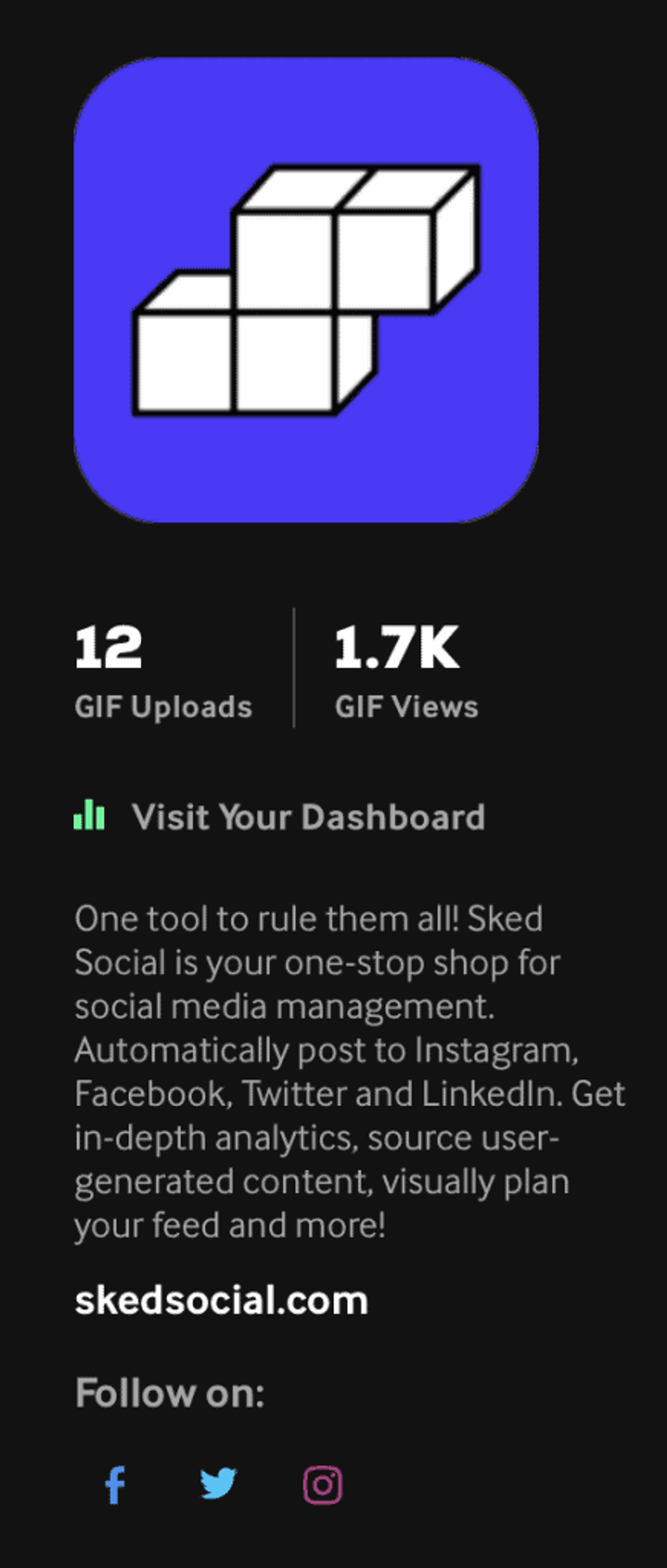 Panel del canal de GIPHY para Sked Social, con conteo de GIFs subidos y vistas, descripción y enlaces sociales.