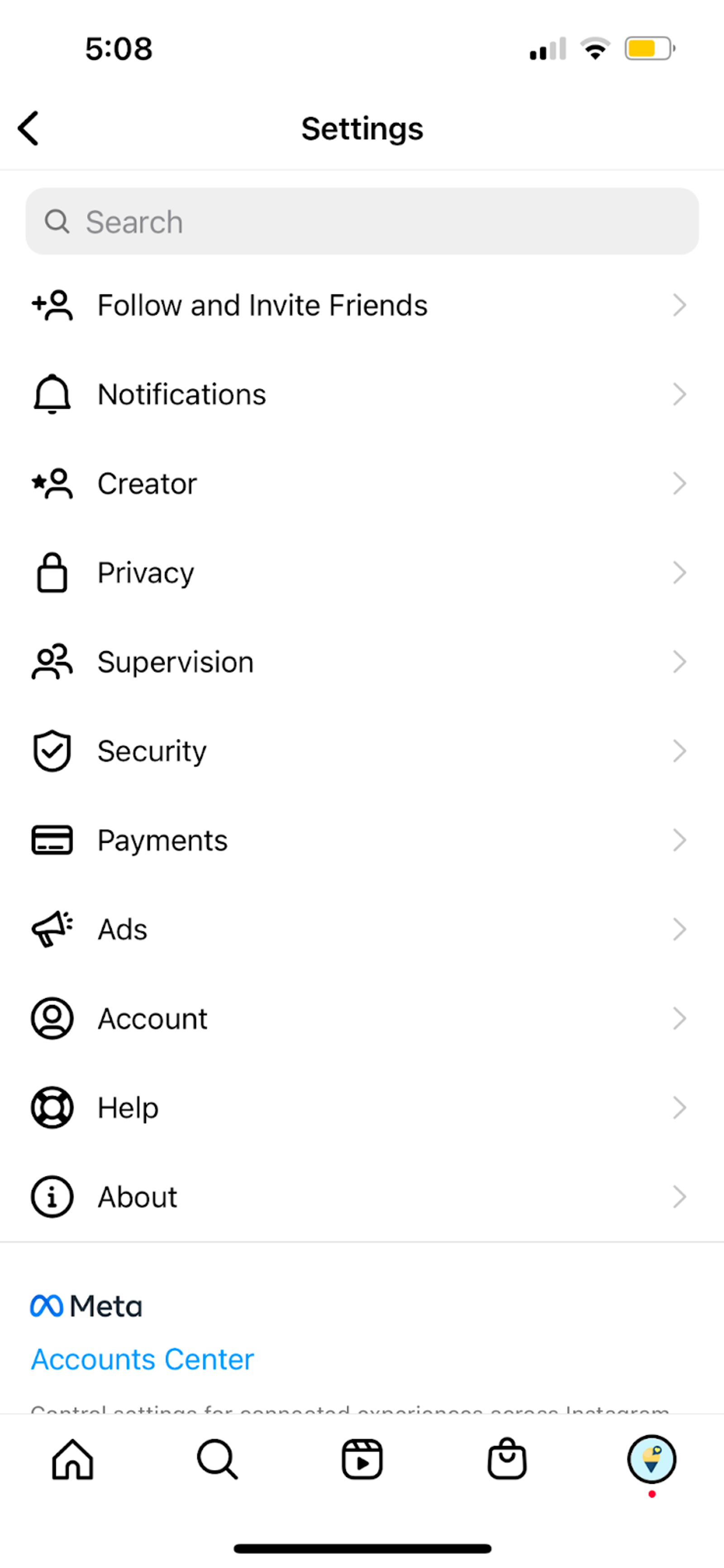 Instagram Settings menu with Notifications option highlighted among other account settings.