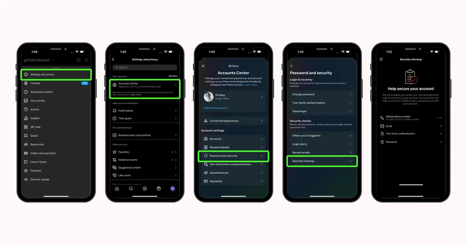 Cinco pantallas de la app de Instagram con los pasos hacia configuración, centro de cuentas y verificación de seguridad.
