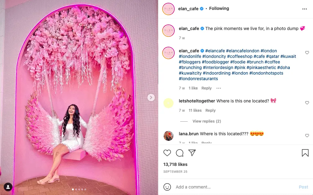 Instagram post from elan_cafe showing a woman on a pink winged swing under a floral arch