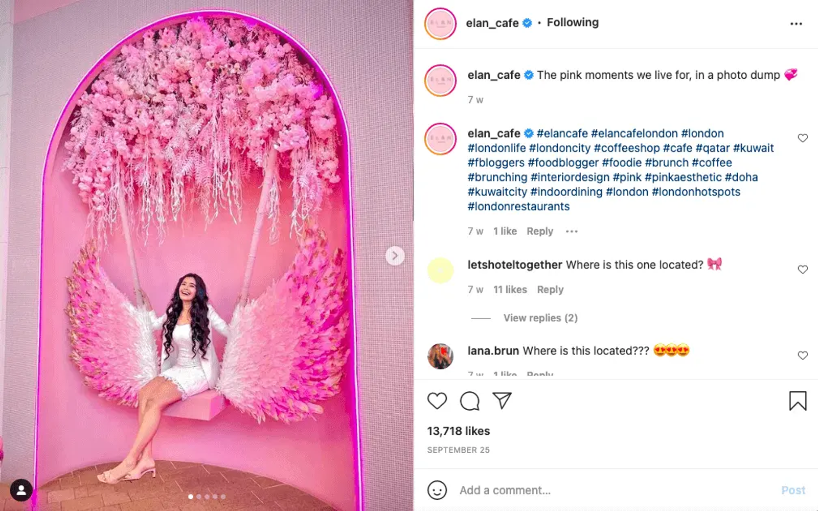 Instagram post from elan_cafe showing a woman on a pink winged swing under a floral arch