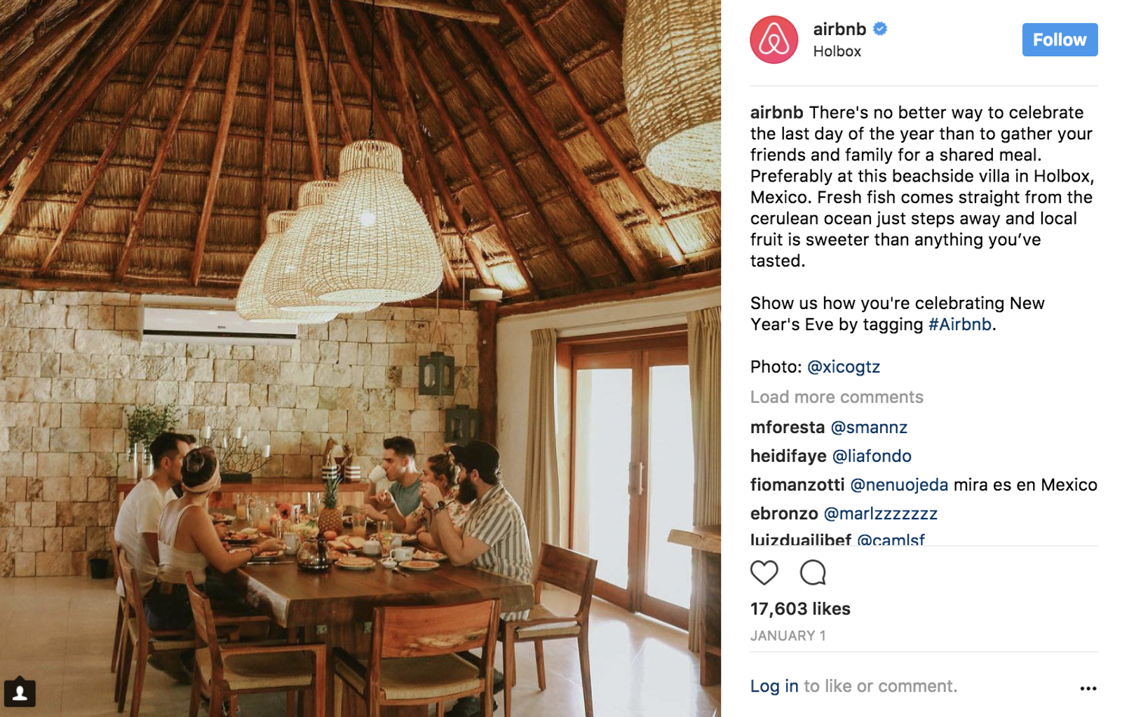 Publicación de Airbnb en Instagram con amigos comiendo en una mesa de madera bajo un techo de palapa en Holbox.