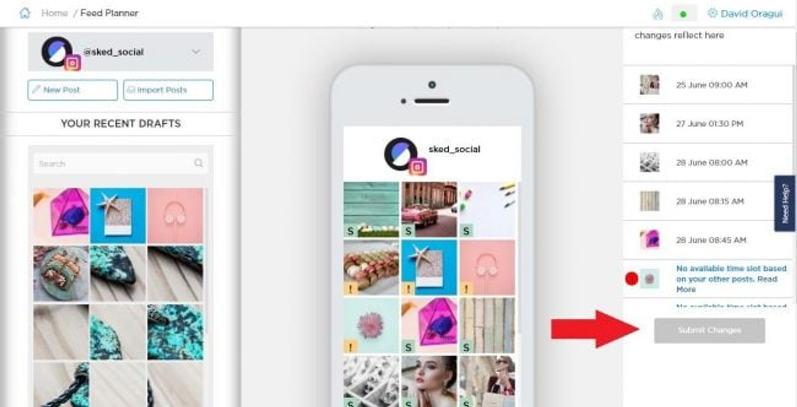 Sked Social feed planner with a phone preview of an Instagram grid and a list of scheduled draft times.