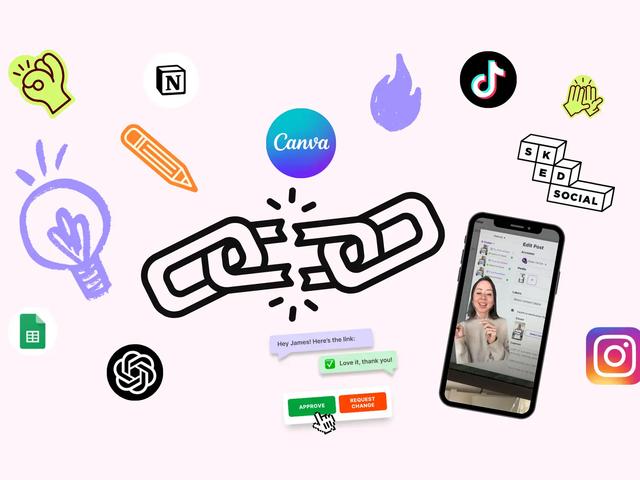 A broken chain link surrounded by app icons like Canva, Notion, TikTok and a phone showing a post editor