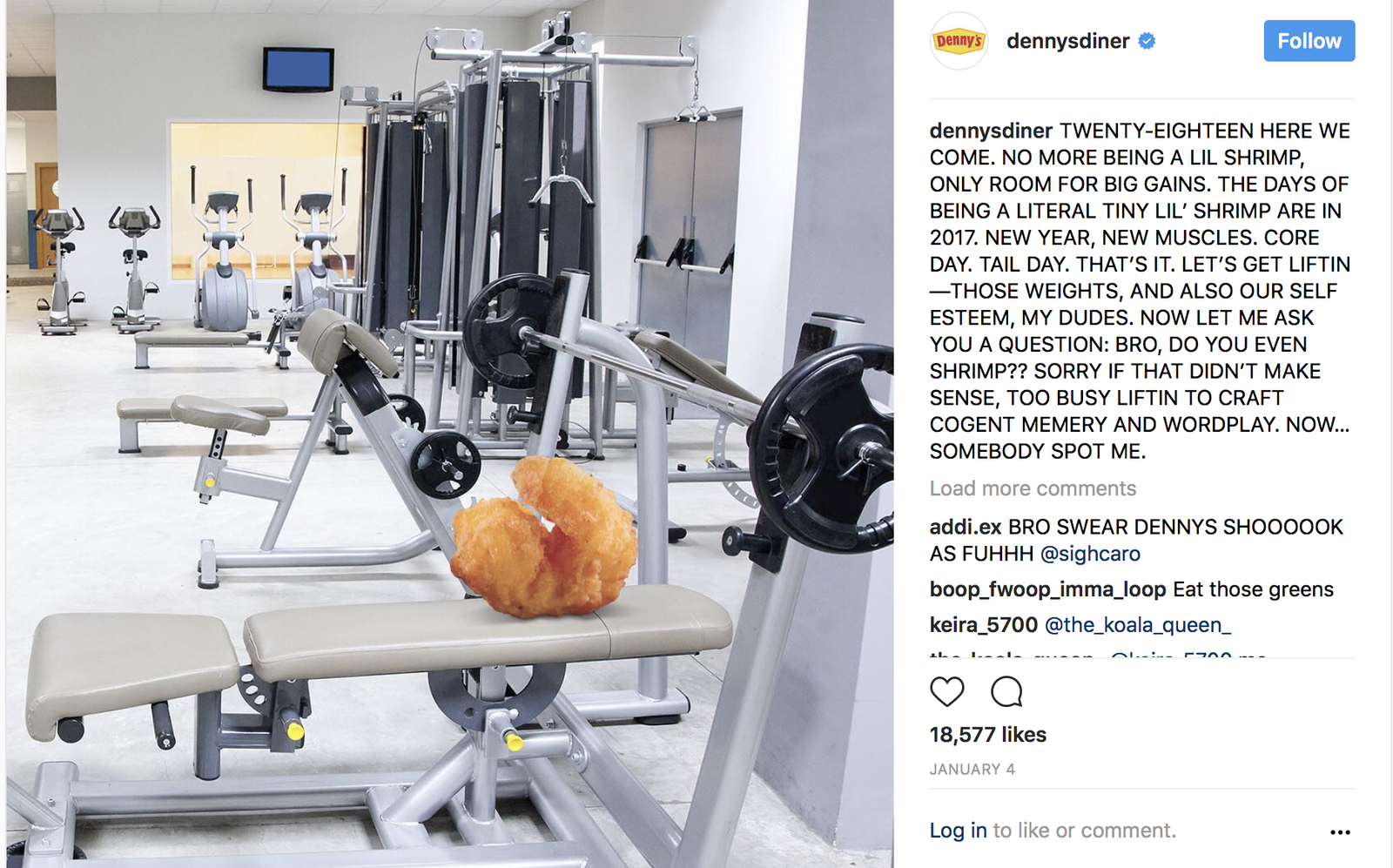 Publicación de Instagram de Denny's con un camarón frito colocado sobre una máquina de pesas de gimnasio.