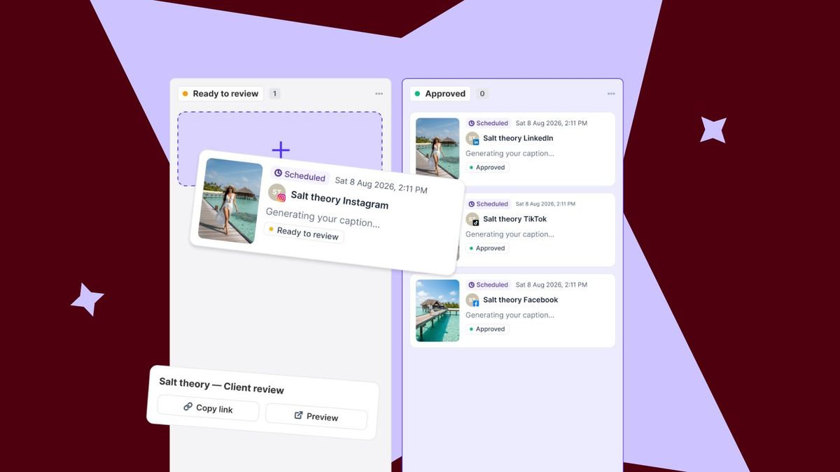 Client-review kanban board moving a post from Ready to review to Approved across Instagram, LinkedIn, TikTok and Facebook.