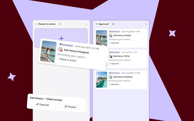 Client-review kanban board moving a post from Ready to review to Approved across Instagram, LinkedIn, TikTok and Facebook.