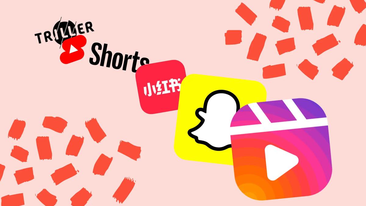Triller, Youtube Shorts, Xiaohongshu, Snapchat, and Instagram Reels logos on a light pink background with orange brushstrokes