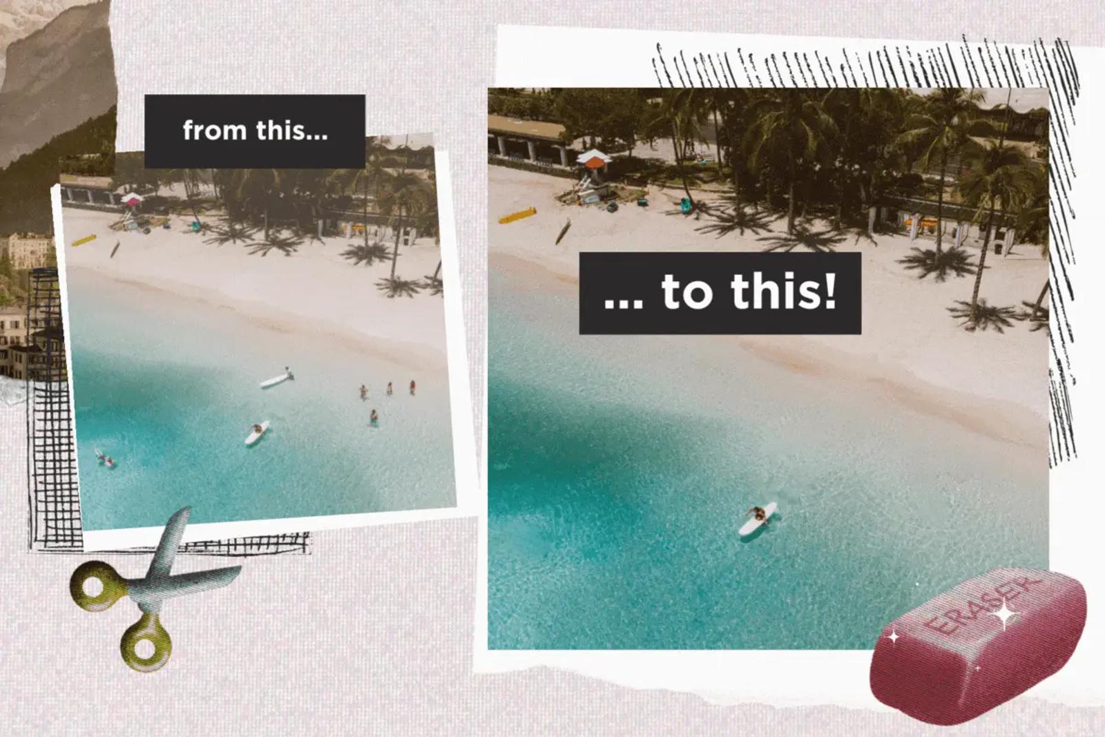 Fotos de una playa antes y despues, una con varias personas en el agua y otra con un solo nadador