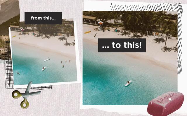 Fotos de una playa antes y despues, una con varias personas en el agua y otra con un solo nadador