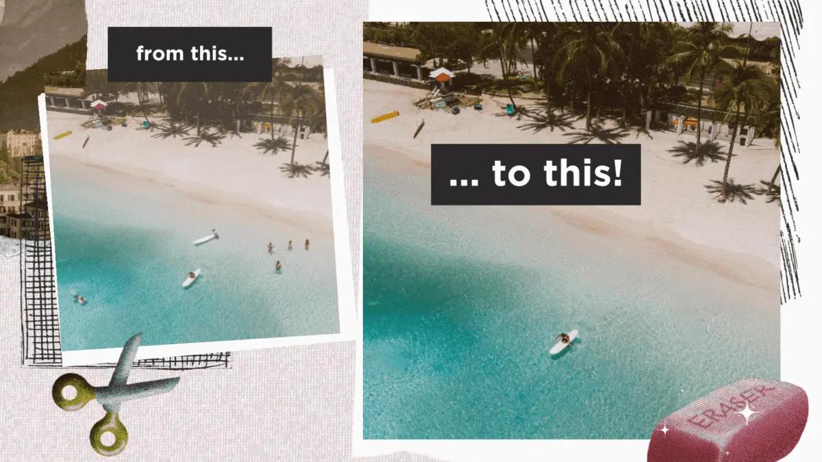 Before and after beach photos, one with several people in the water and one with only a single swimmer