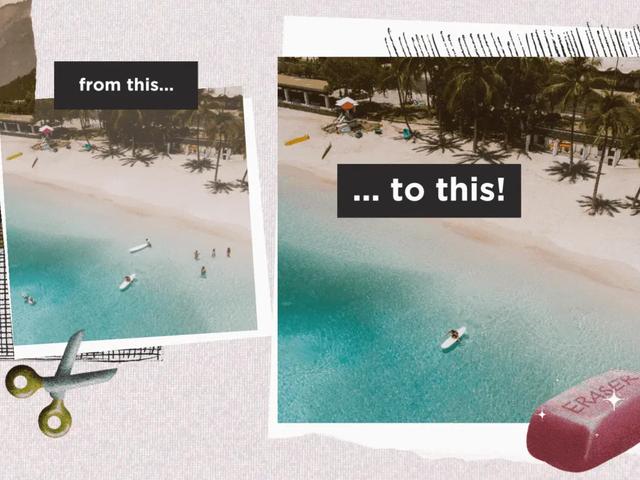 Before and after beach photos, one with several people in the water and one with only a single swimmer