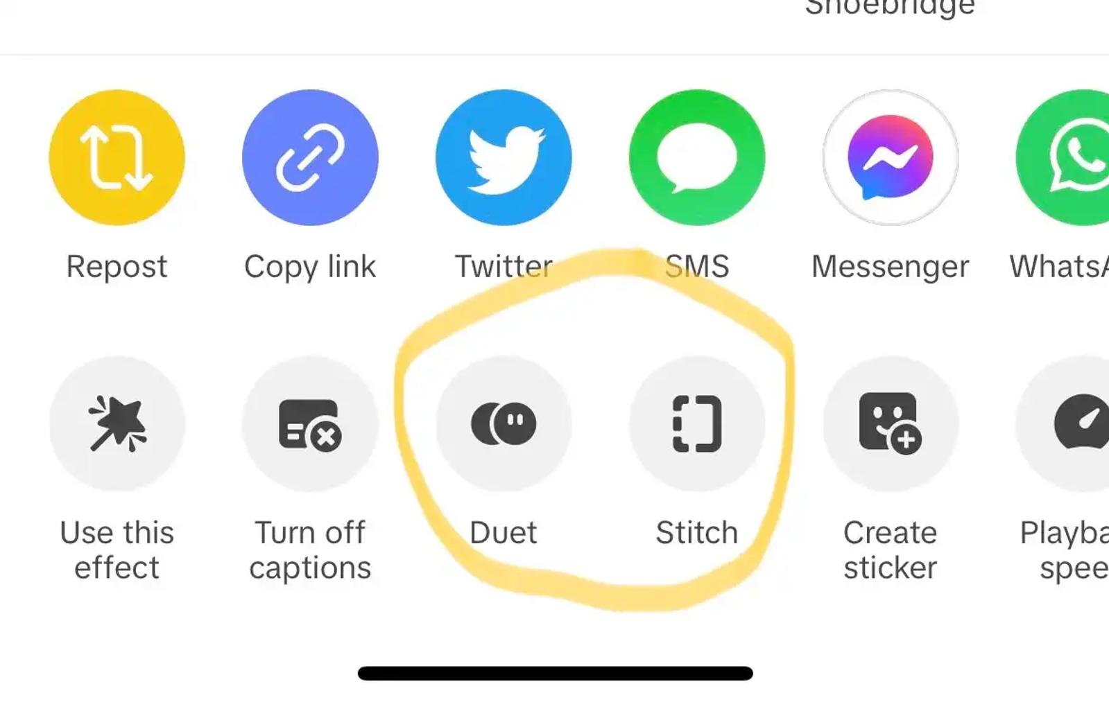 Menú para compartir de TikTok con los íconos de Duet y Stitch marcados junto a opciones como Repost y Twitter.